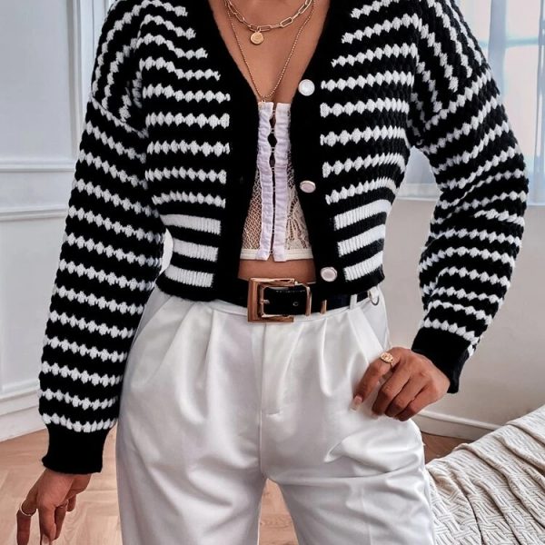 Women Spring Fall Long Sleeve Casual Stripe Short Cardigans