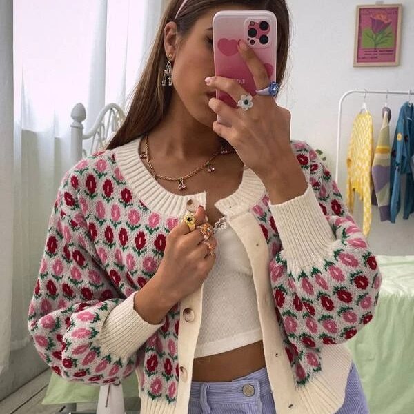 Women Fall Winter Long Sleeve Floral Casual Single Breasted Cardigans