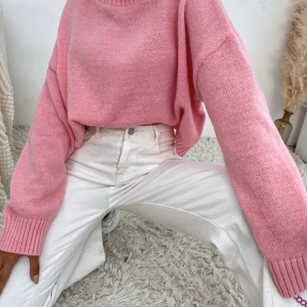 Women Fall Winter Long Sleeve Pink Solid Mock Neck Casual Sweater