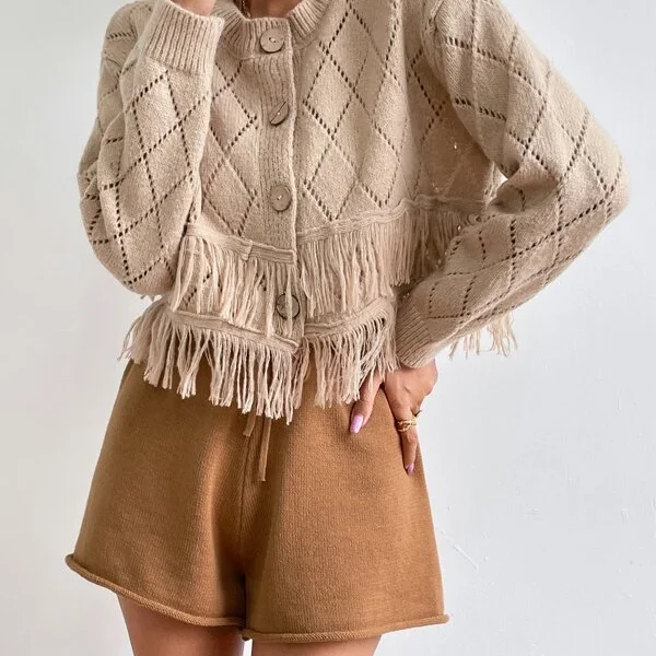 Women Spring Fall Long Sleeve Fringe Elegant Short Cardigans