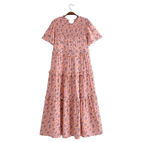 Autumn Women Clothing Printed Lace up Elastic Tiered Dress