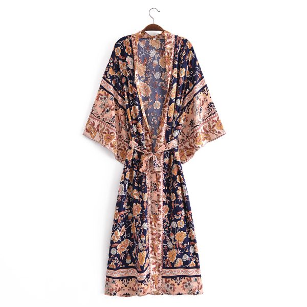 Spring Women Rayon Positioning Floral Belt Cardigan Coat