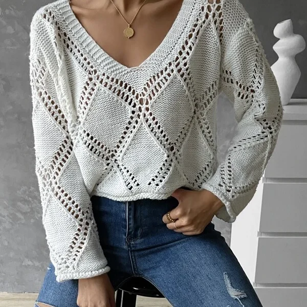 Women  Spring and Summer V neck Hollow Long sleeve Sweater