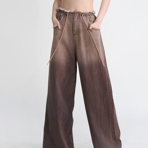 Trendy Loose Burrs Wide Leg Pants Casual Pants for Women Personalized Gradient Color Washed Drawstring Jeans