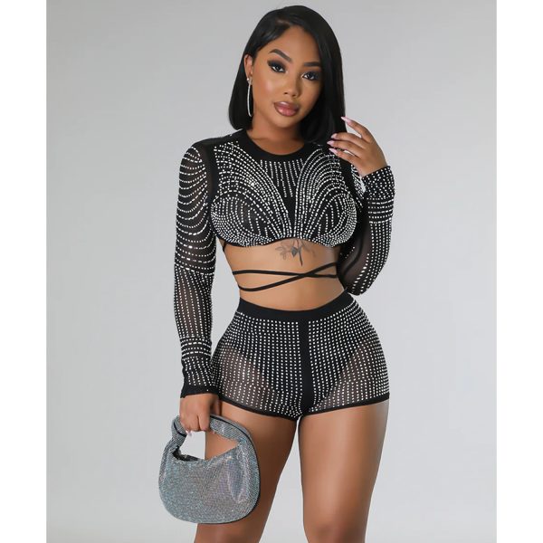 Women Wear Solid Color Mesh Drilling Long Sleeve Shorts Two Piece Set