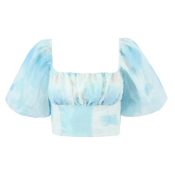 Blue Cropped Color Matching Lantern Sleeve Square Collar Top White