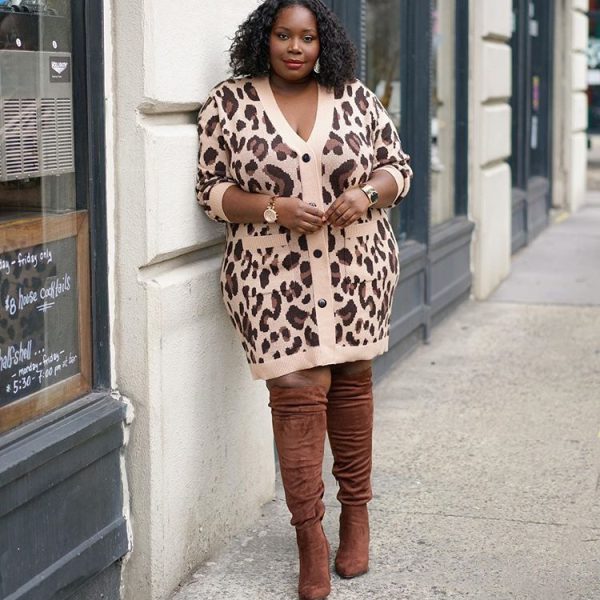 Plus Size Leopard Print Contrast Color Long Sleeves  Dress Coat