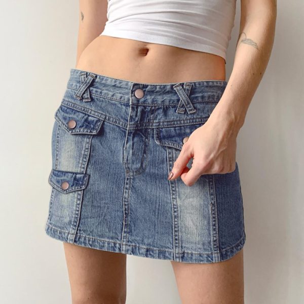 Spring Hipster Multi Pocket Decorative Washed Denim Skirt High Waist Casual Cargo Skirt