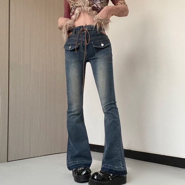 Street Retro Distressed Waist Hollow Out Cutout out Belt Sexy Jeans Flanging Pocket Stitching Bootcut Trousers