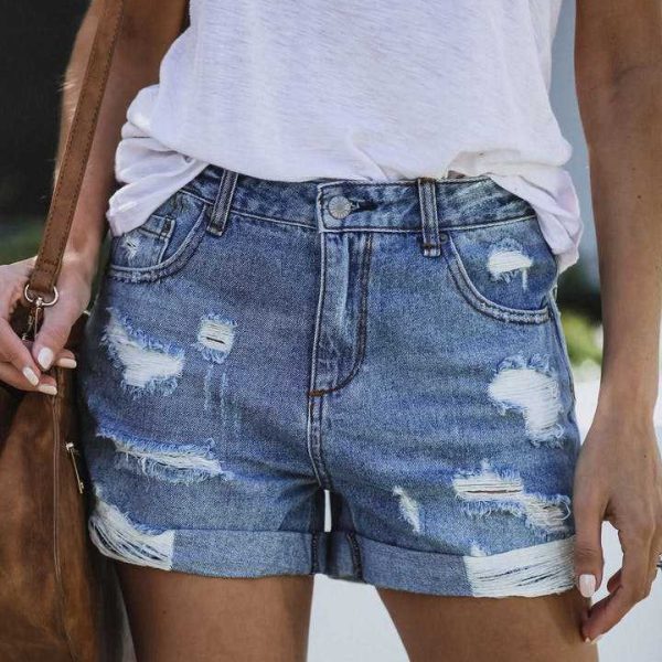 Women Clothing Curling Ripped Classic Ripped Denim Shorts Summer