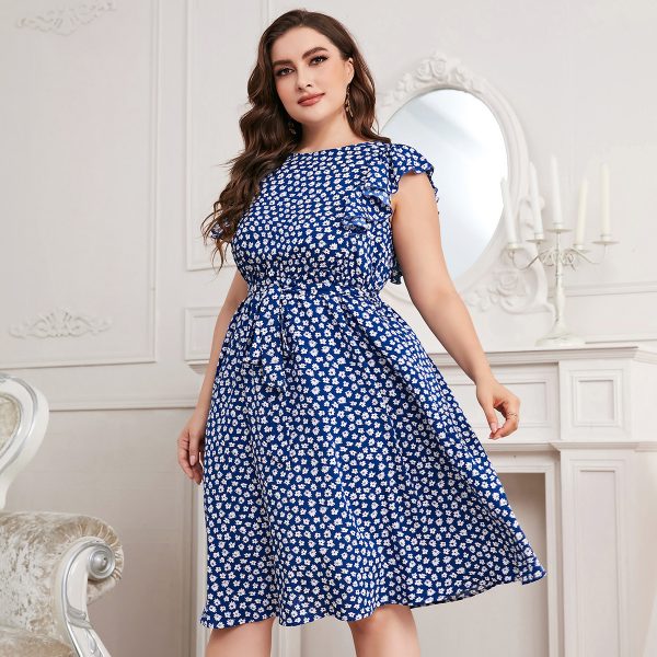 Plus Size Autumn Neck Office Printed Blue Chiffon Dress Expose Clavicle Short Vest Puls Size