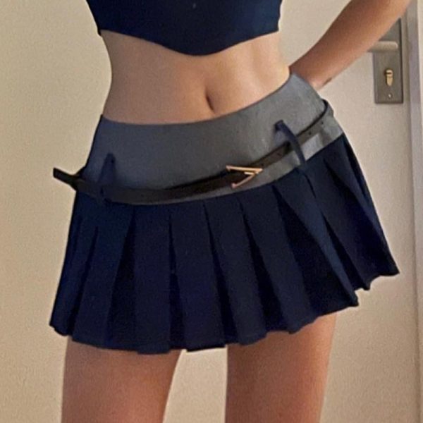 Retro Washed Distressed Contrast Color High Waist Denim Pleated Skirt Sexy Slimming Personality Short Skirt