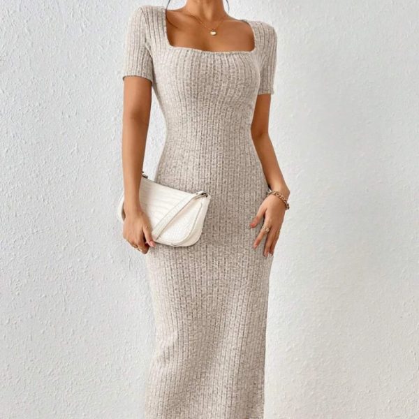 Spring Autumn Sweater Maxi Dress U Collar Short Sleeve Women Knitted Dress