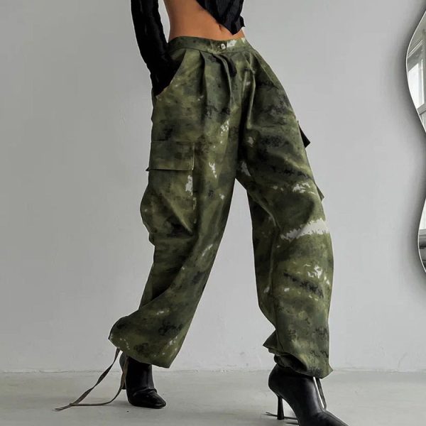 Women   Clothing Spring/Summer Trendy Camouflage Printing Pocket High Waist Tooling Pants Ankle Tied Trousers for Women