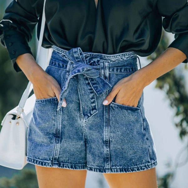 Trade High Waist All-Matching Denim Shorts Women Casual Pants Belt Trend