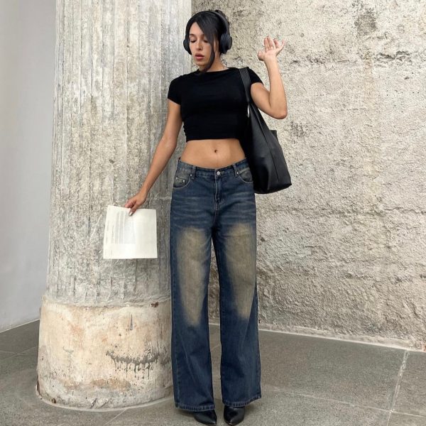 High Street Vibe Retro Distressed Straight-Leg Pants Women Loose   Slimming Wide Leg Denim Trousers