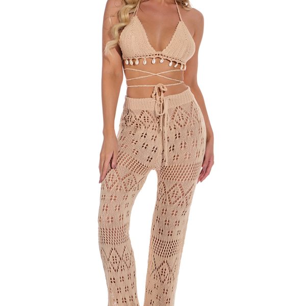 Hand Crochet Hollow Out Cutout out Strap Beach Pants Women Casual Trousers