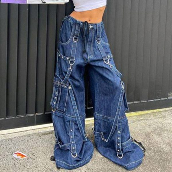 Heavy Industry Fried Street Punk Metal Buckle Ribbon Stitching Niche High Waist Sexy Loose Wide Leg Jeans