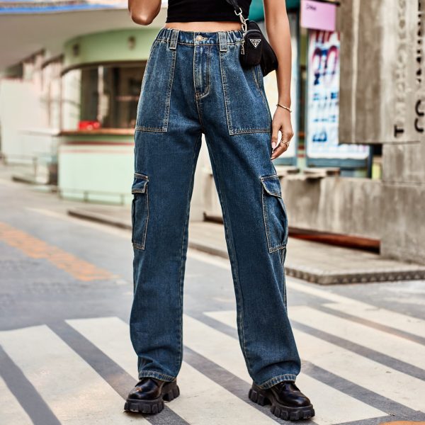 Retro Washed Semi Elastic Design Personality Denim Cargo Pants Casual Pants Women