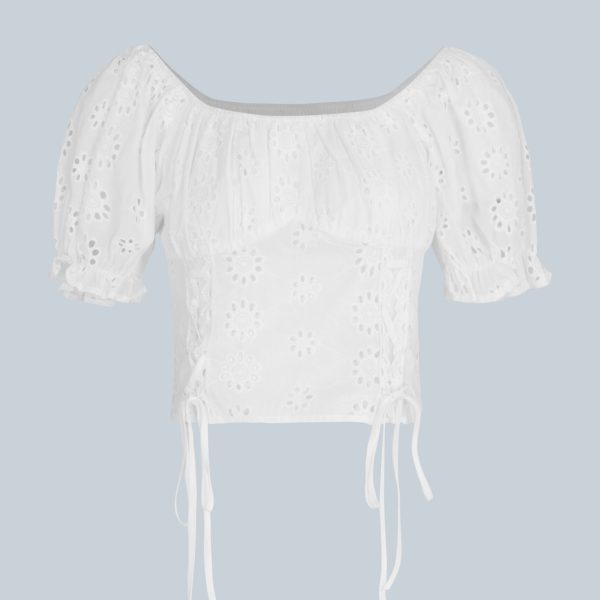 Women  Summer Square Neck Drawstring Lace Shorts Cropped Pleated Bubble Short Sleeve French Top  Blouses