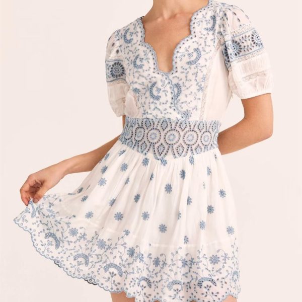 Autumn Winter Women Clothing Blue White Porcelain Machine Embroidery Multi Stitching Dress