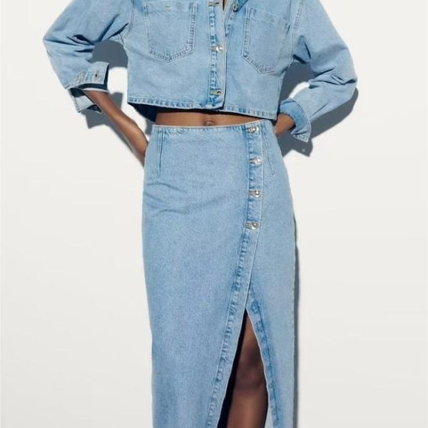 Summer Women  Short Denim Jacket Coat Mid Length Skirt Set