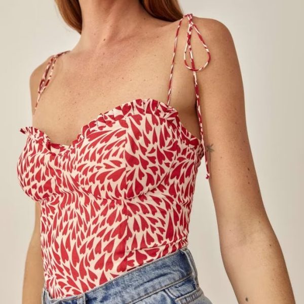 Slim Fit V Neck Red Love Shoulder Lace Up Spaghetti Strap Camisole Top