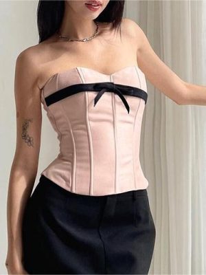 Summer Slim Fit Contrast Colors Bowknot Ribbon Satin Waist Tube Top for Women