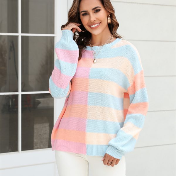 Fall Women Clothing Patchwork Stripes Contrast Color round Neck Knitwear Pullover Sweater