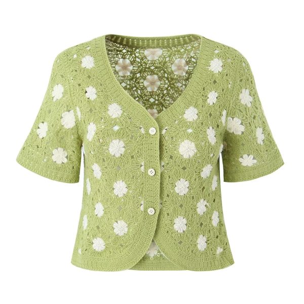 Women Clothing French Vacation Vintage Small Floral Short Sleeve Tup Cardigan Casual