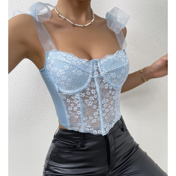 Lace Floral Strap Mesh Hollow Out Cutout Diamond Boning Corset Vest Women  Clothing