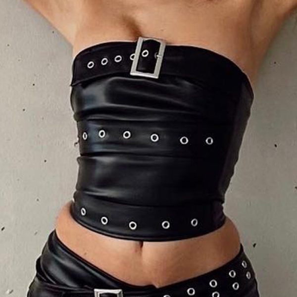 Street Punk Eyelet Faux Leather Stitching Japanese Buckle Tube Top Sexy off Neck Cool Top