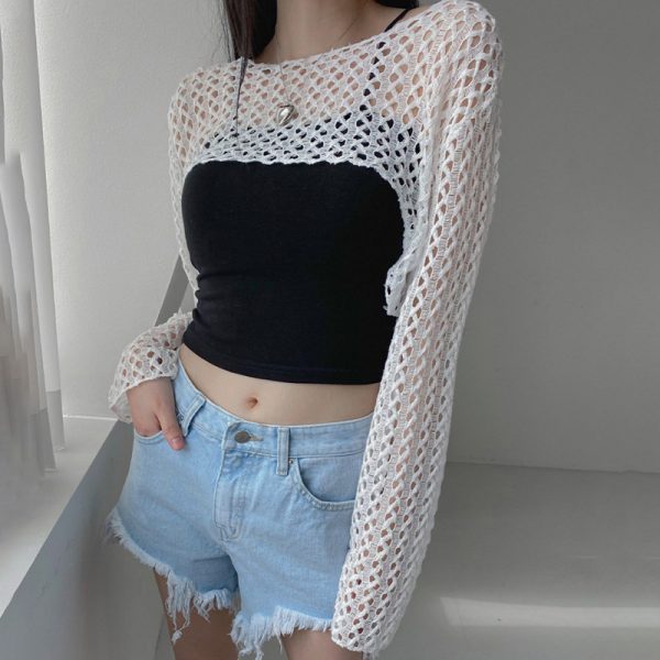 Niche Design Irregular Asymmetric Mesh Hollow Out Cutout out See through Short Blouse Girls Wear Slim Fit Top