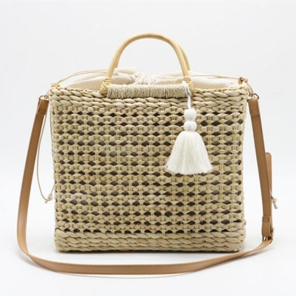 2 Color Hollow fringed woven straw bag Wooden handle natural color shopping bag