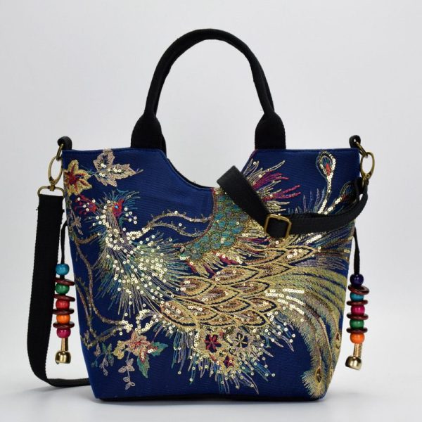 New Canvas Women Handbag National Phoenix Embroidered Shoulder Totes Messenger Bag Leisure Crossbody Beach Travel Bag