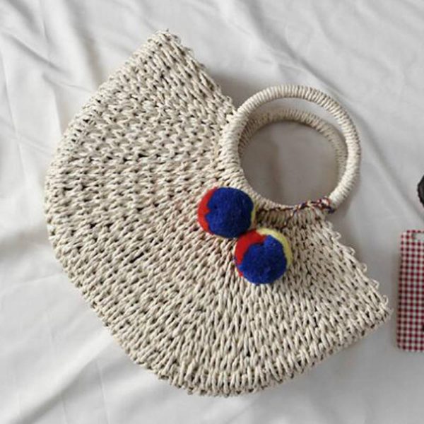 New Summer andmade Bags Women Pompon Beach Weaving Ladies Straw Bag Moon shaped Bag