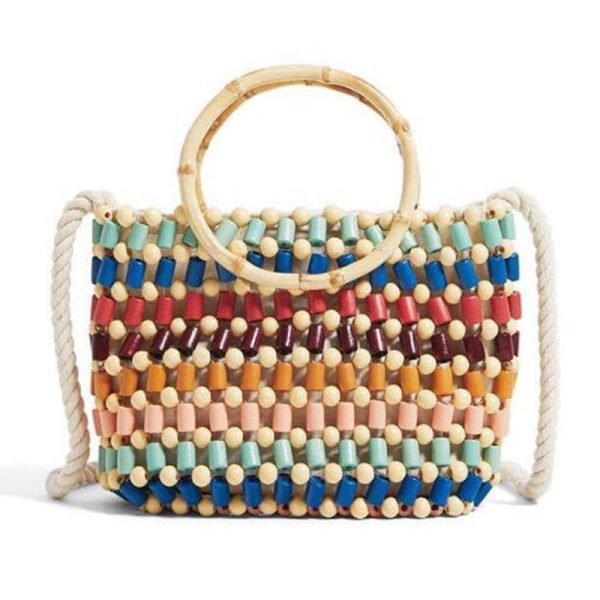 Colorful beads woven bag color hand pearl shoulder bag straw Crossbody bag women high-end fashion wood small handbag