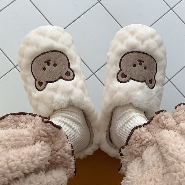 Women's Cute Bear Slippers Soft Plush Flat Shoes with Non-Slip Bottom for Winter Home Wear