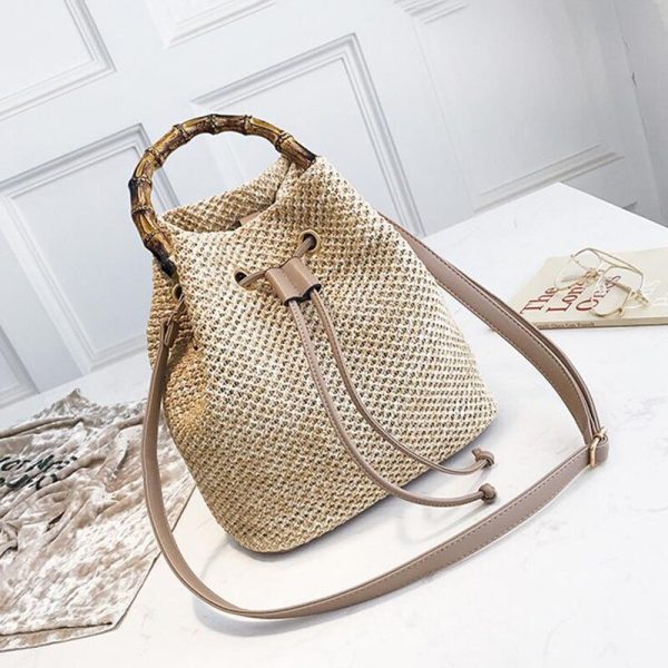 Drawstring Women's Straw Bucket Bag Summer Woven Shoulder Bags Shopping Purse Beach Handbag