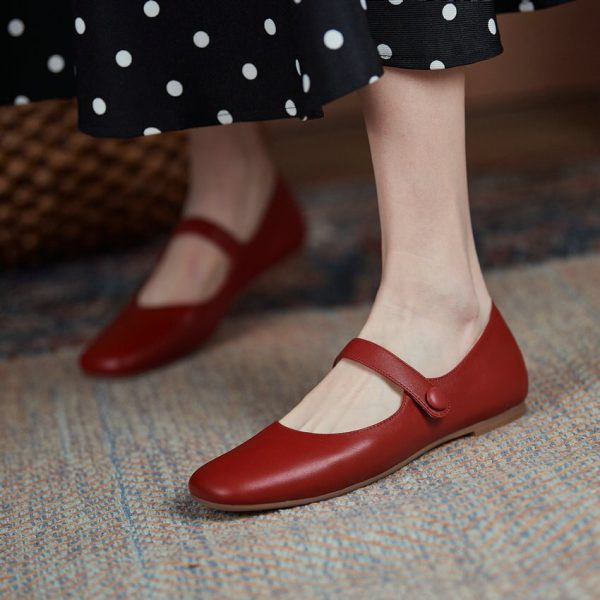 Vanessas Flat Heels Retro Square Toe Genuine Leather Women Shoes