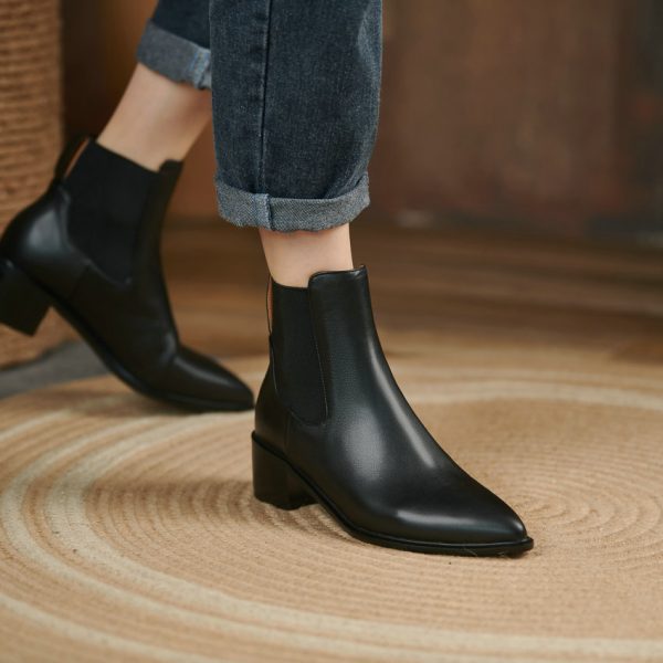 Vanessa's Pointed Toe Square Heel Autumn Winter Women Shoes Genuine Leather Fashion Platform Slip On Ankle Boots