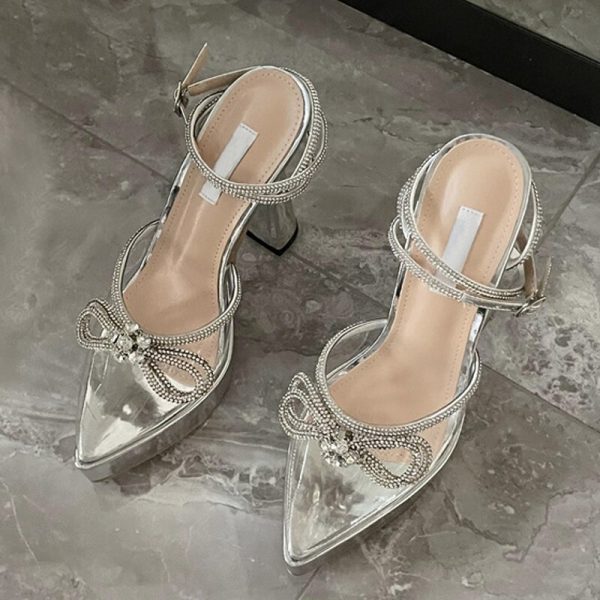 Vanessas Crystal Butterfly-knot Pointed Toe High Heels for Women - PVC Transparent Chunky Party Prom Shoes