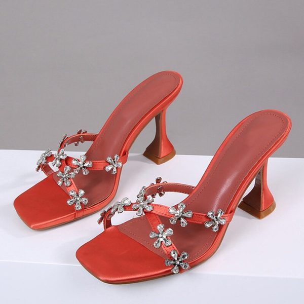 Vanessas Summer Yellow/Orange High Heel Slippers for Women - Designer Crystal Flower Sandals