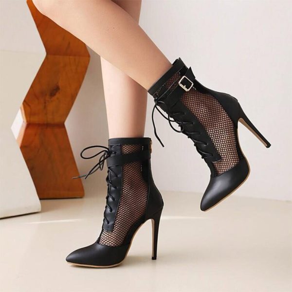 Vanessas Women's Pointed Toe Lace-Up High Heel Ankle Boots - Summer Mesh Fashion Sandals