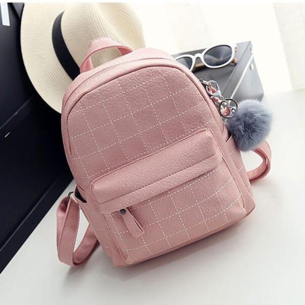 Vanessa's Pink Plaid Fur Ball PU Leather Backpack