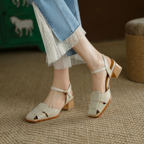 Vanessas Genuine Leather Casual Sandals Square Med Heel