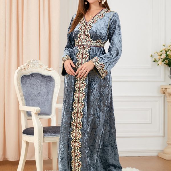 Women's Floral Embroidered Velvet Abaya Dress with Long Sleeves and Belt for Party Wear