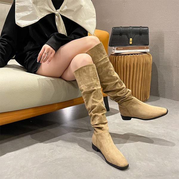 Women's Square Toe Flock Knee High Boots - Slip On No-Slip Flat Platform Casual Fashion Shoes for Ladies