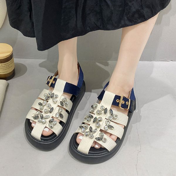 Women's Sandals Rhinestone Flat Canvas Ladies Shoes Buckle Strap Non-slip Sandals