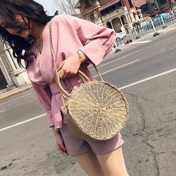 Woven Straw Round Handbag Retro Rattan Women Shoulder Bag Boho Summer Beach Messenger Bag